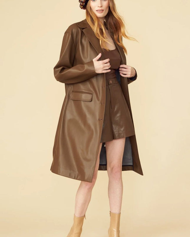 Stylish Chocolate Leather Trench Coat - Eco - Friendly - Faux Leather Coats - Buy Me Fur Ltd