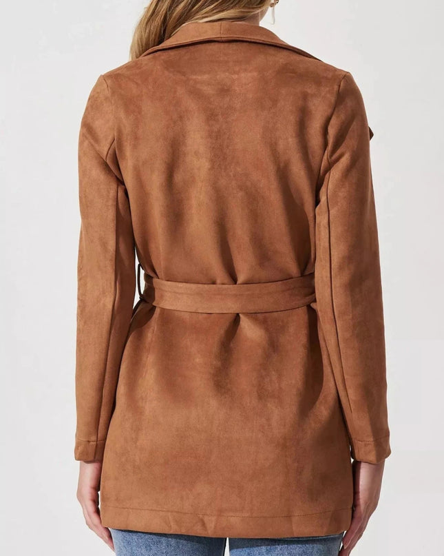 Suede Tie Waist Long Sleeve Outerwear - Trendsi