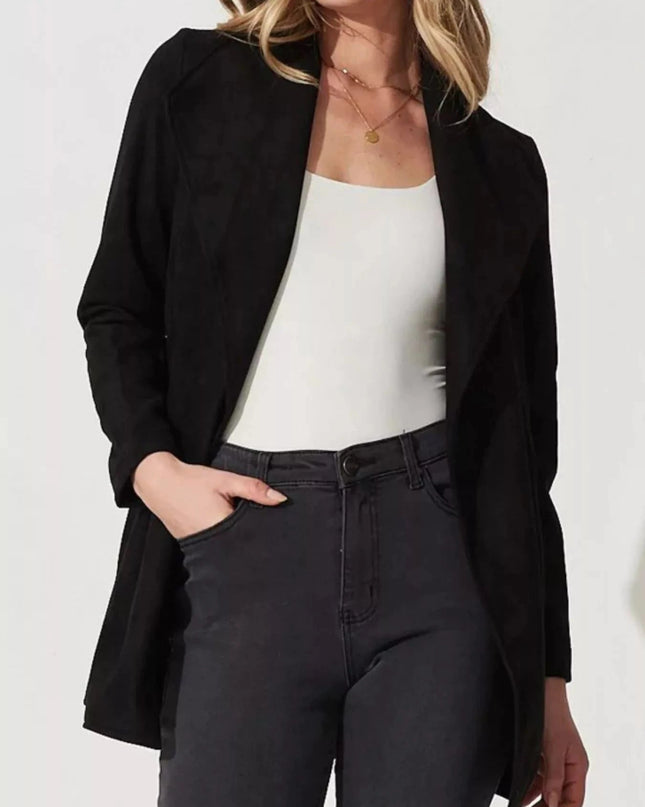 Suede Tie Waist Long Sleeve Outerwear - Trendsi