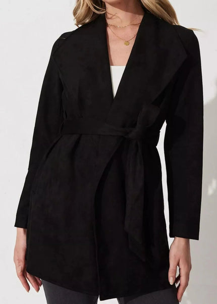 Suede Tie Waist Long Sleeve Outerwear - Trendsi