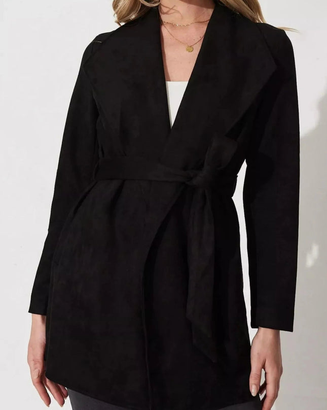 Suede Tie Waist Long Sleeve Outerwear - Trendsi