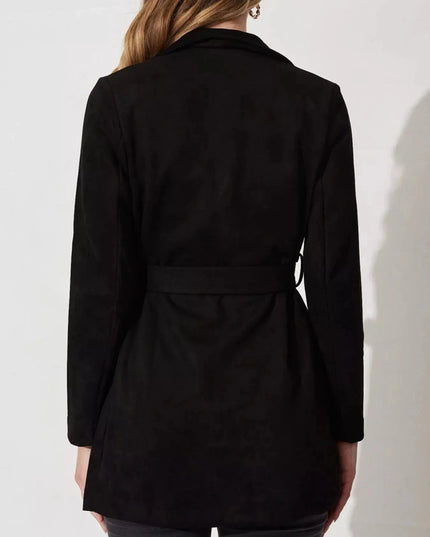 Suede Tie Waist Long Sleeve Outerwear - Trendsi