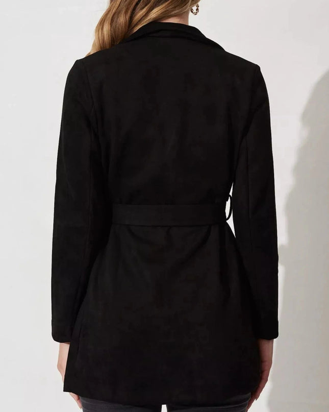 Suede Tie Waist Long Sleeve Outerwear - Trendsi