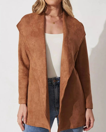 Suede Tie Waist Long Sleeve Outerwear - Trendsi