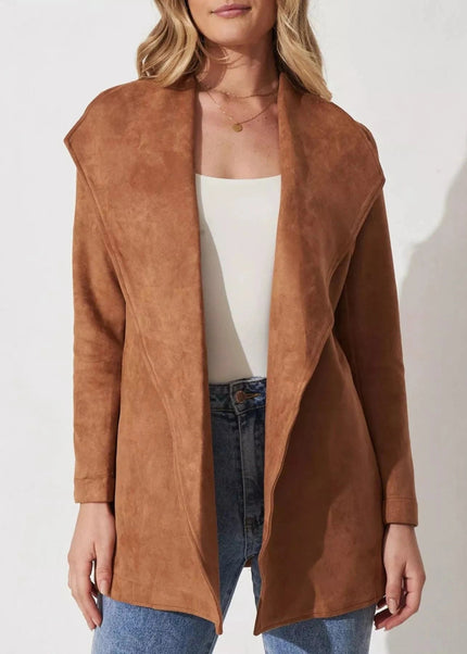 Suede Tie Waist Long Sleeve Outerwear - Trendsi