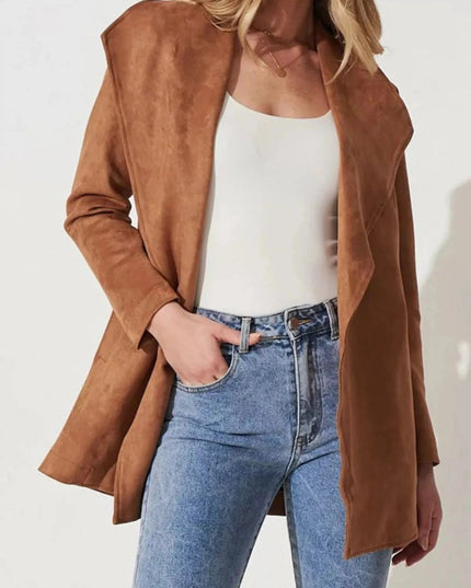 Suede Tie Waist Long Sleeve Outerwear - Trendsi