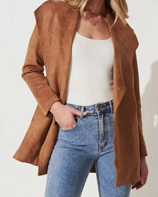 Suede Tie Waist Long Sleeve Outerwear - Trendsi