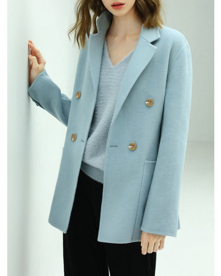 Tailored Powder Blue Double - Breasted Wool Coat for Effortless Elegance - Coats - Cocobella