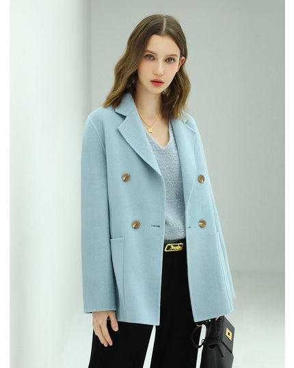 Tailored Powder Blue Double - Breasted Wool Coat for Effortless Elegance - Coats - Cocobella