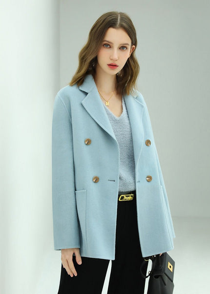 Tailored Powder Blue Double - Breasted Wool Coat for Effortless Elegance - Coats - Cocobella