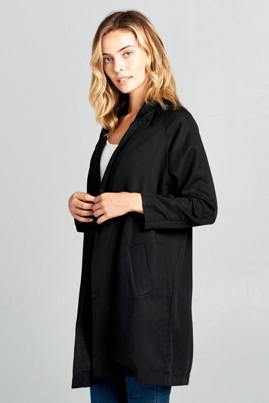 Tencel Black Notched Collar Coat with Pockets - Jacket/Vests - Reneecollection