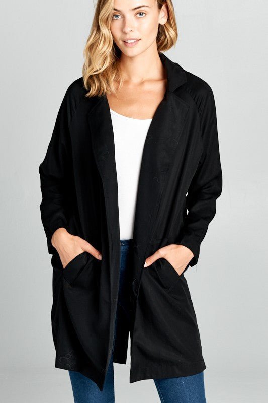 Tencel Black Notched Collar Coat with Pockets - Jacket/Vests - Reneecollection
