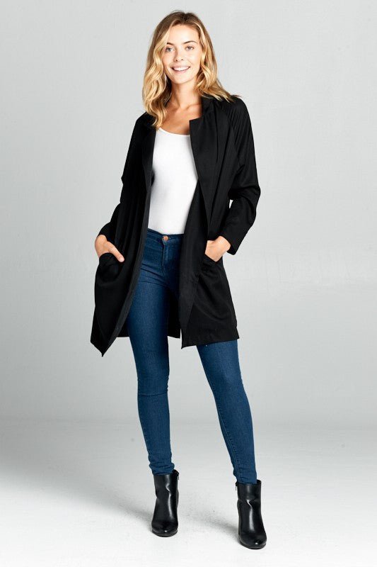 Tencel Black Notched Collar Coat with Pockets - Jacket/Vests - Reneecollection