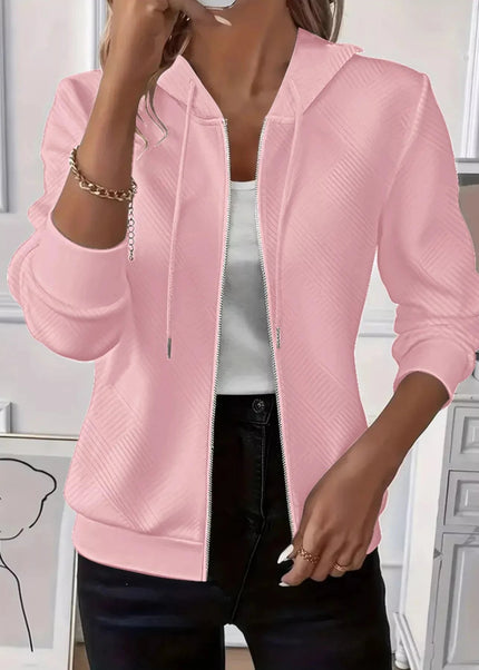 Texture Zip - Up Hoodie with Drawstring - Trendsi