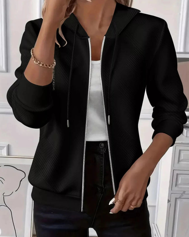 Texture Zip - Up Hoodie with Drawstring - Trendsi