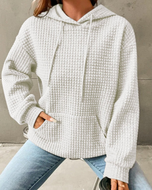 Textured Drawstring Drop Shoulder Hoodie - Trendsi