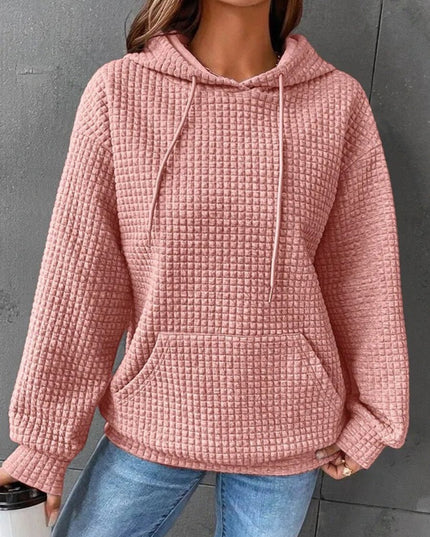 Textured Drawstring Drop Shoulder Hoodie - Trendsi