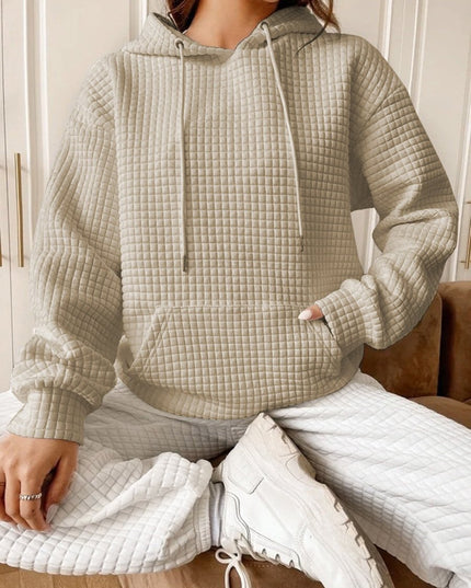 Textured Drawstring Drop Shoulder Hoodie - Trendsi