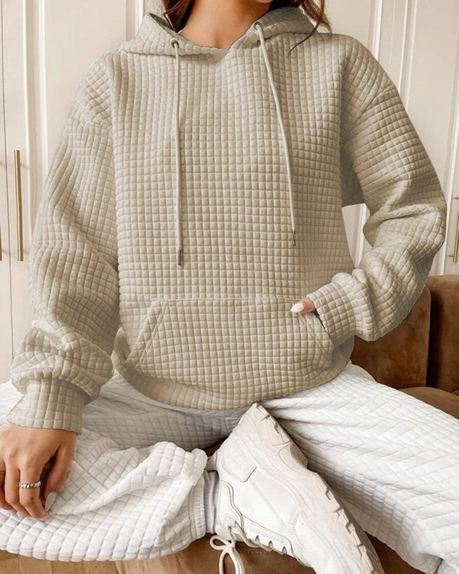 Textured Drawstring Drop Shoulder Hoodie - Trendsi