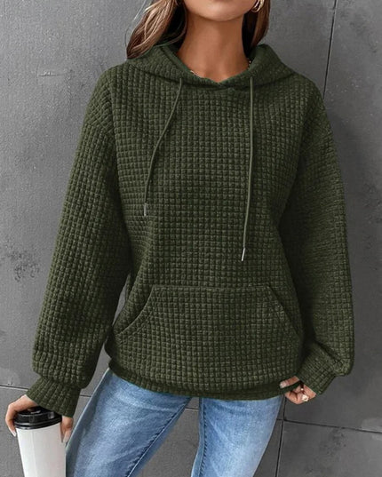 Textured Drawstring Drop Shoulder Hoodie - Trendsi