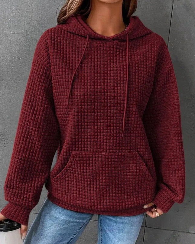 Textured Drawstring Drop Shoulder Hoodie - Trendsi