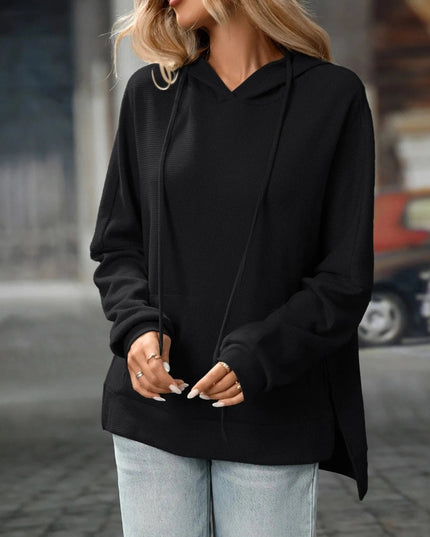 Textured Drawstring Long Sleeve Hoodie - Trendsi
