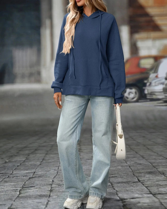 Textured Drawstring Long Sleeve Hoodie - Trendsi