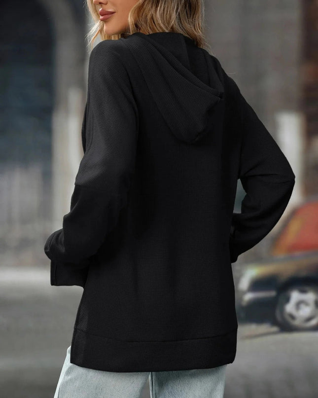 Textured Drawstring Long Sleeve Hoodie - Trendsi