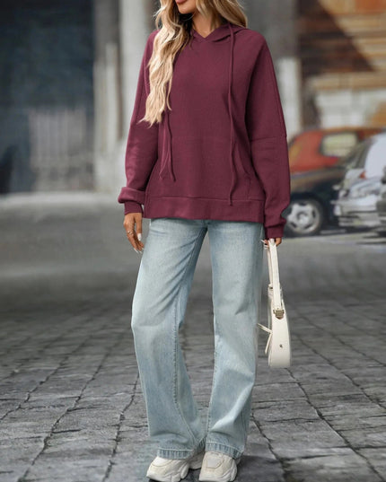 Textured Drawstring Long Sleeve Hoodie - Trendsi