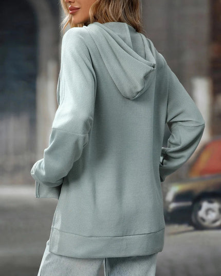 Textured Drawstring Long Sleeve Hoodie - Trendsi