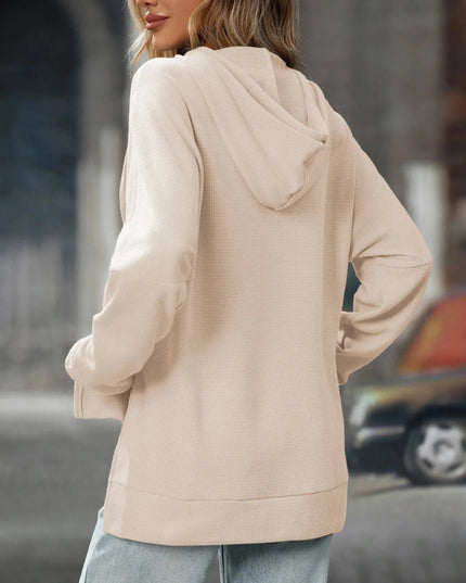 Textured Drawstring Long Sleeve Hoodie - Trendsi