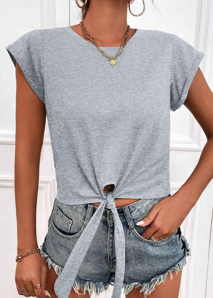 Tied Round Neck Crop Tee - Trendsi