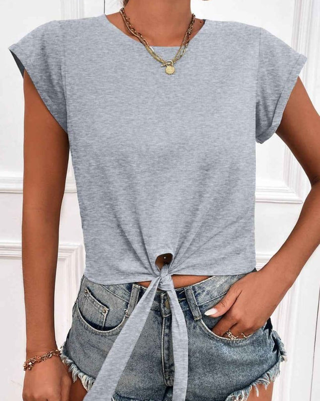 Tied Round Neck Crop Tee - Trendsi