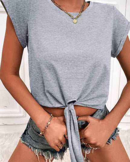 Tied Round Neck Crop Tee - Trendsi