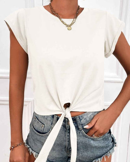 Tied Round Neck Crop Tee - Trendsi