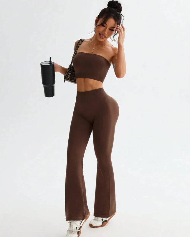Tube Top and High Waist Flare Pants Active Set - Trendsi