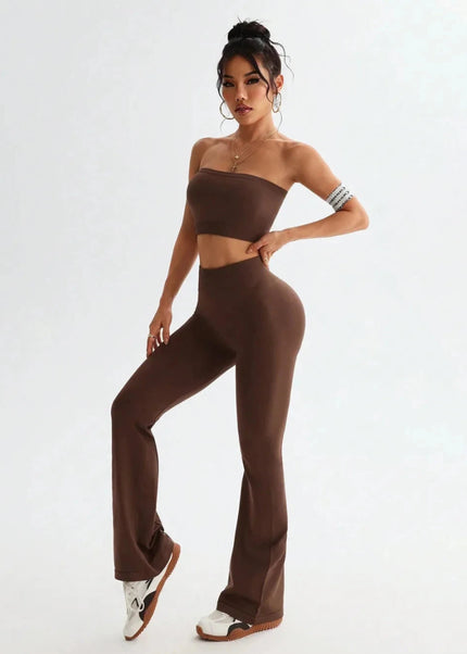 Tube Top and High Waist Flare Pants Active Set - Trendsi