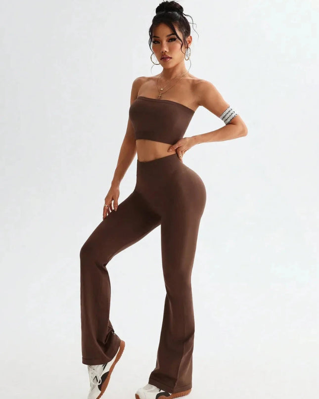 Tube Top and High Waist Flare Pants Active Set - Trendsi