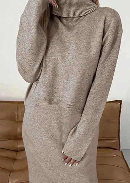 Turtleneck Dropped Shoulder Sweater and Dress Sweater Set - Trendsi