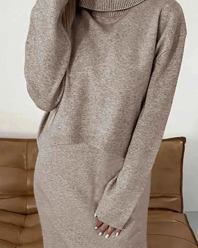 Turtleneck Dropped Shoulder Sweater and Dress Sweater Set - Trendsi