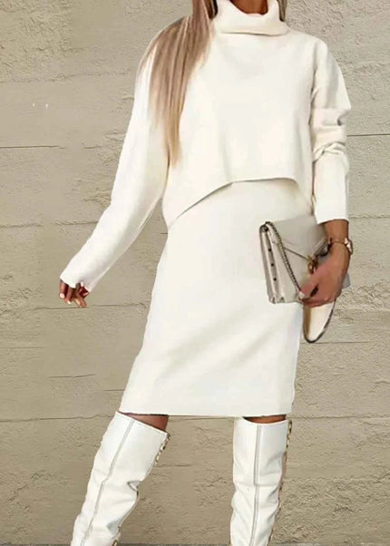 Turtleneck Dropped Shoulder Sweater and Dress Sweater Set - Trendsi