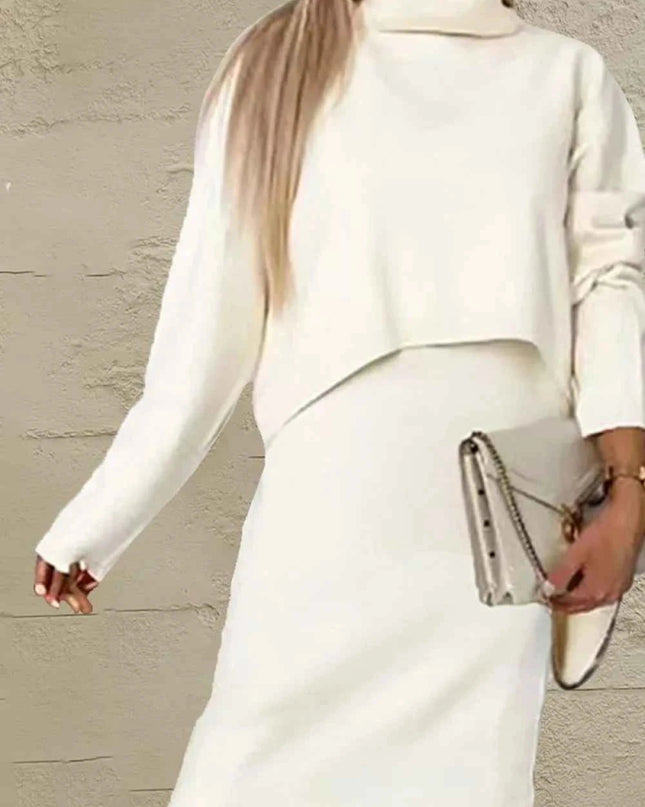Turtleneck Dropped Shoulder Sweater and Dress Sweater Set - Trendsi