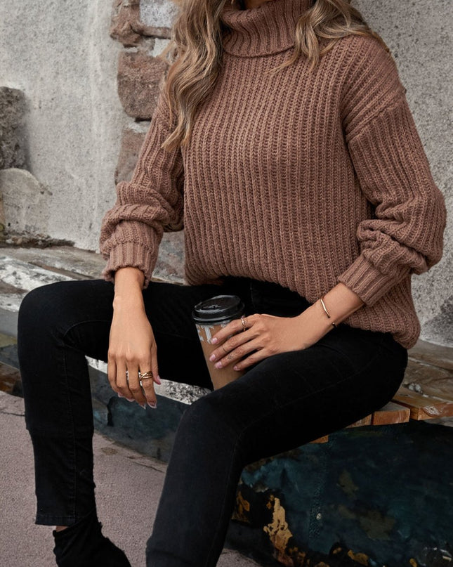 Turtleneck Rib - Knit Sweater - Trendsi