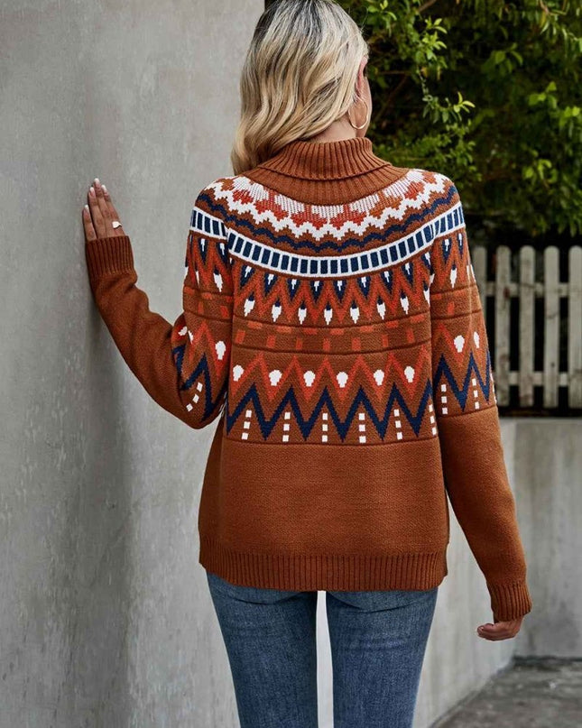 Turtleneck Ribbed Trim Sweater - Trendsi