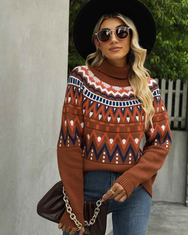 Turtleneck Ribbed Trim Sweater - Trendsi