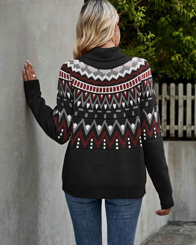 Turtleneck Ribbed Trim Sweater - Trendsi