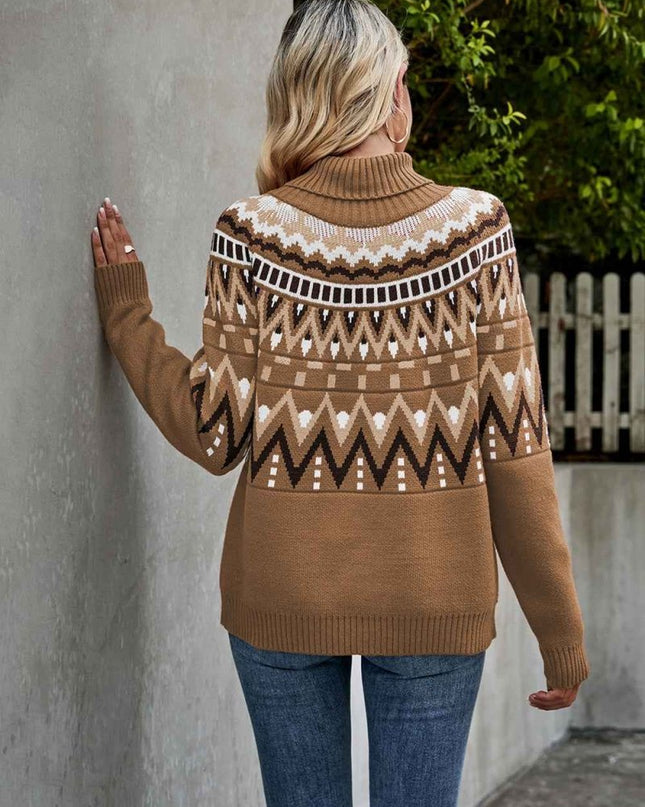 Turtleneck Ribbed Trim Sweater - Trendsi