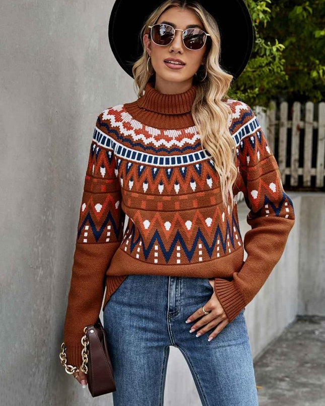 Turtleneck Ribbed Trim Sweater - Trendsi