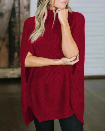 Turtleneck Slit Sweater - Trendsi