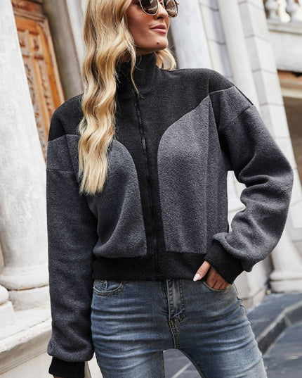 Two - Tone Collared Neck Jacket - Trendsi